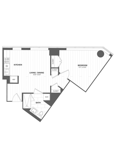 Floor plan for 1 bed, 1 bath, 594 sqft