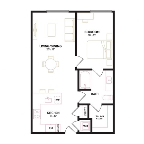 Floor plan for 1 bed, 1 bath, 734 sqft