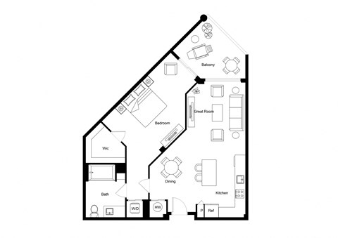 Floor plan for 1 bed, 1 bath, 801 sqft