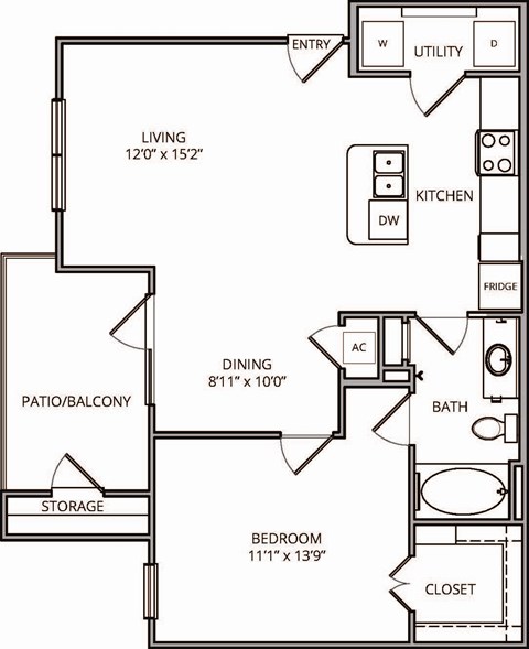 Floor plan for 1 bed, 1 bath, 759 sqft