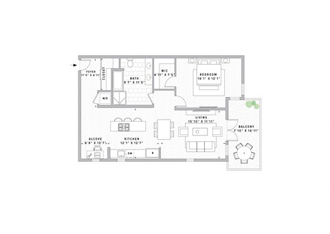 Floor plan for 1 bed, 1 bath, 896 sqft