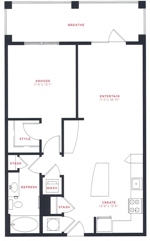 Floor plan for 1 bed, 1 bath, 780 sqft