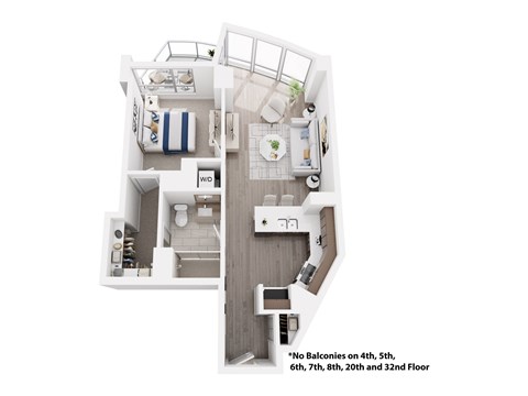 Floor plan for 1 bed, 1 bath, 704 sqft