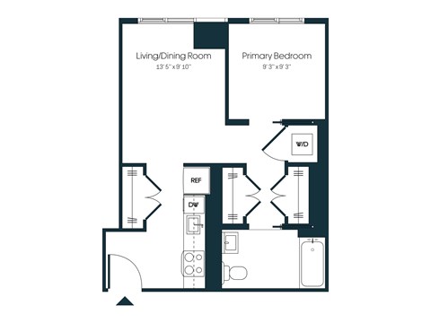 Floor plan for 1 bed, 1 bath, 531 sqft