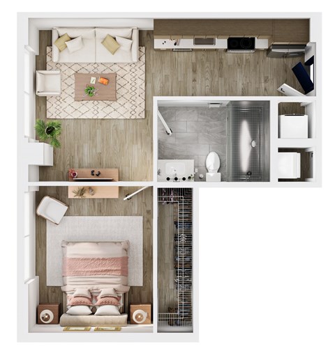 Floor plan for 1 bed, 1 bath, 589 sqft