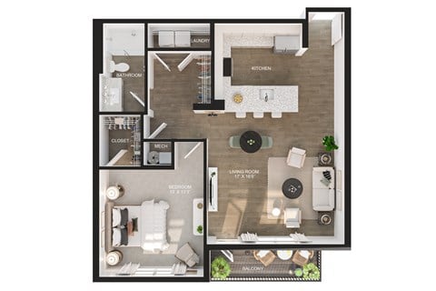Floor plan for 1 bed, 1 bath, 873 sqft