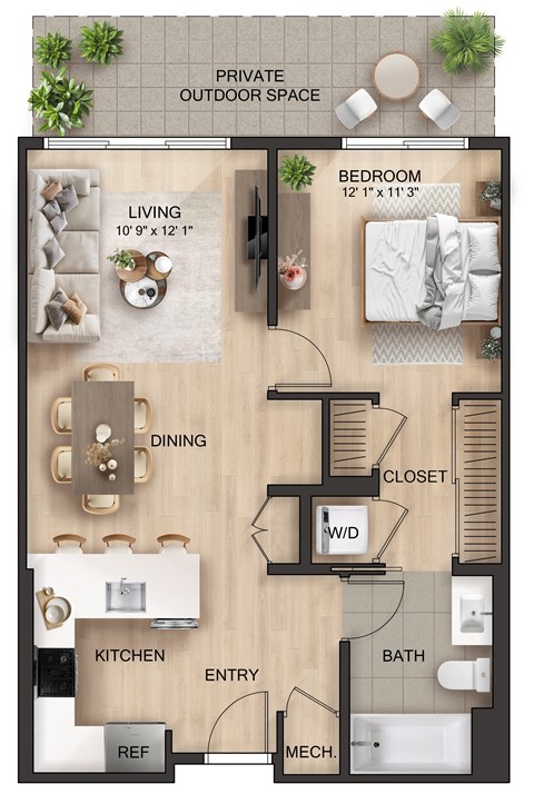 Floor plan for 1 bed, 1 bath, 712 sqft