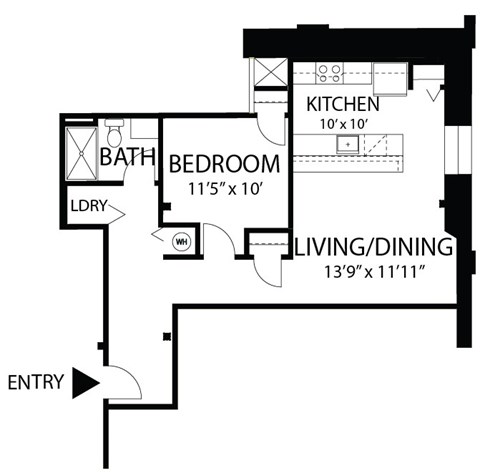 Floor plan for 1 bed, 1 bath, 690 sqft