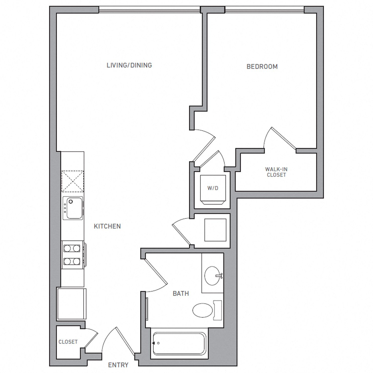 Floor plan for 1 bed, 1 bath, 638 sqft