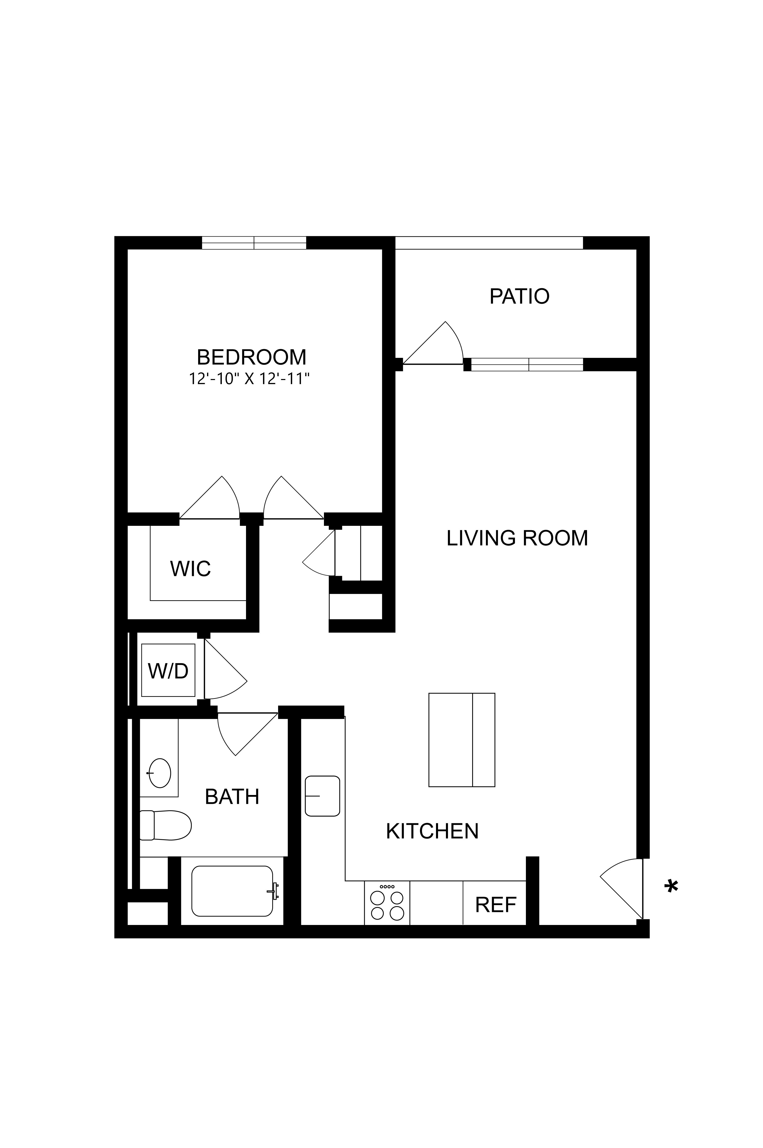 Floor plan for 1 bed, 1 bath, 750 sqft