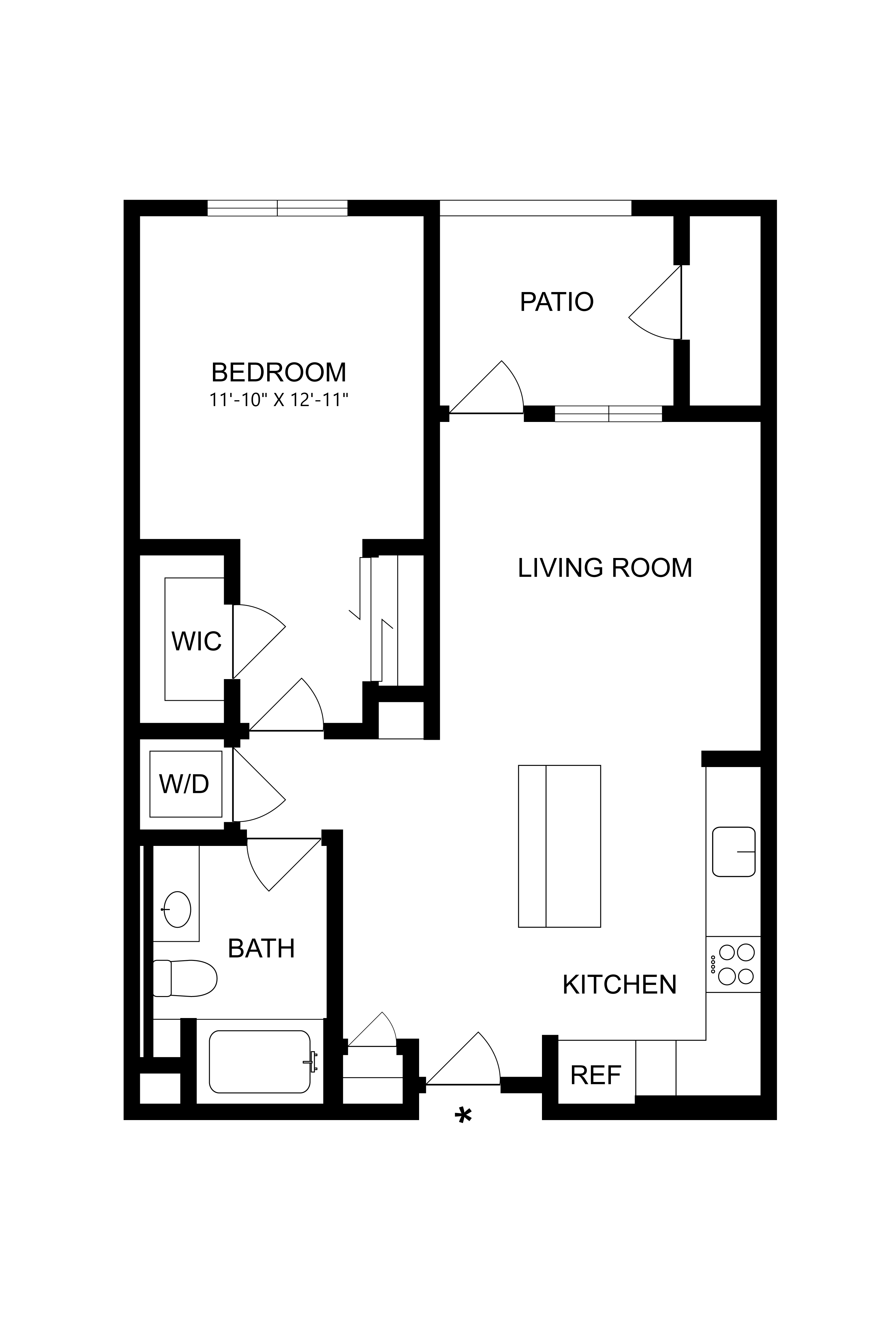 Floor plan for 1 bed, 1 bath, 760 sqft