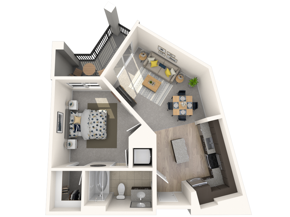 Floor plan for 1 bed, 1 bath, 634 sqft