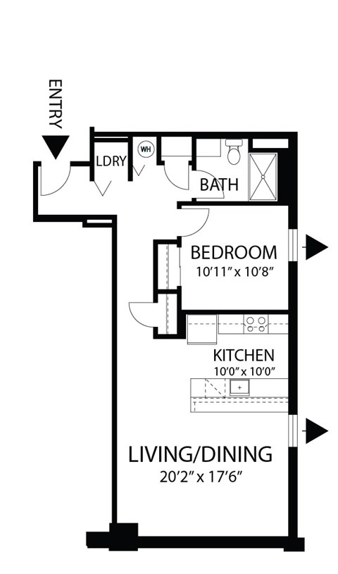 Floor plan for 1 bed, 1 bath, 760 sqft