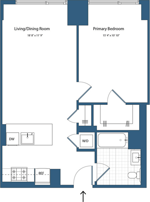Floor plan for 1 bed, 1 bath, 672 sqft