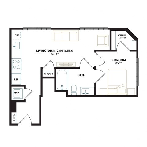Floor plan for 1 bed, 1 bath, 644 sqft