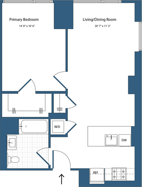 Floor plan for 1 bed, 1 bath, 694 sqft