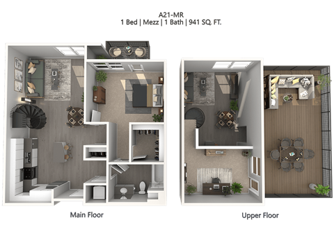 Floor plan for 1 bed, 1 bath, 941 sqft