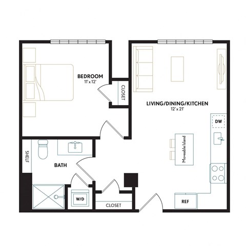 Floor plan for 1 bed, 1 bath, 630 sqft