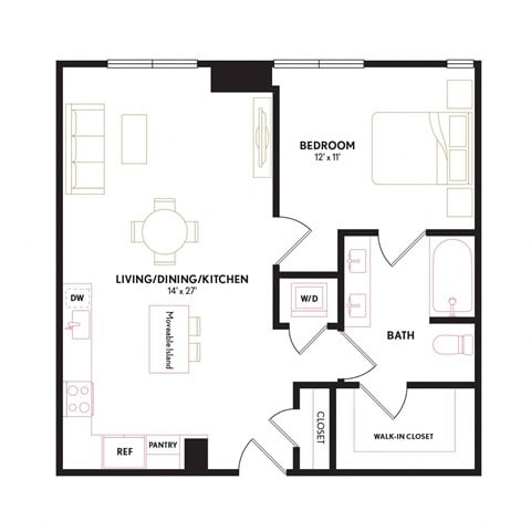 Floor plan for 1 bed, 1 bath, 778 sqft