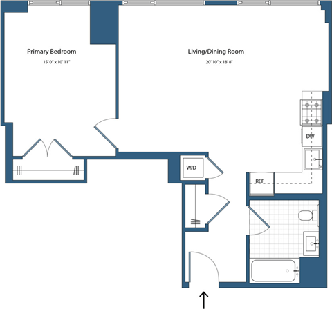 Floor plan for 1 bed, 1 bath, 703 sqft