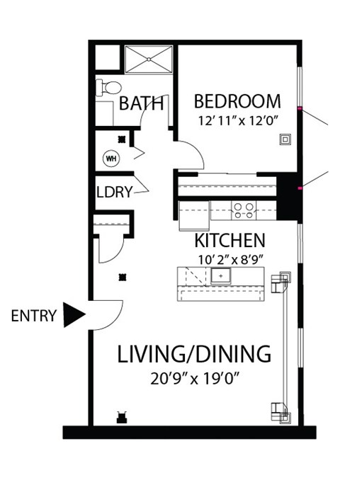 Floor plan for 1 bed, 1 bath, 770 sqft