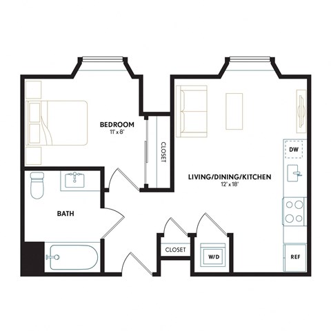 Floor plan for 1 bed, 1 bath, 562 sqft