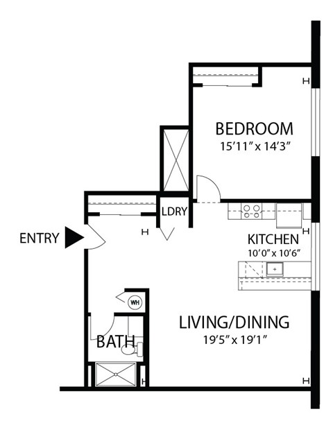 Floor plan for 1 bed, 1 bath, 835 sqft