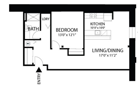 Floor plan for 1 bed, 1 bath, 840 sqft