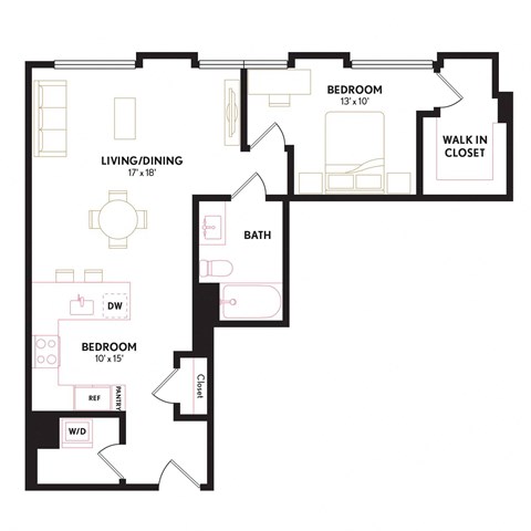 Floor plan for 1 bed, 1 bath, 816 sqft