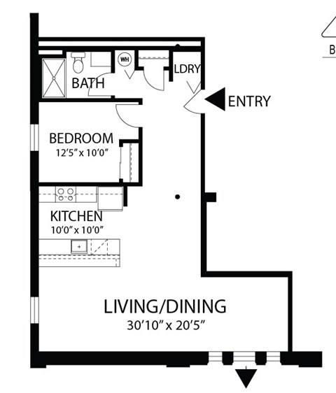 Floor plan for 1 bed, 1 bath, 845 sqft