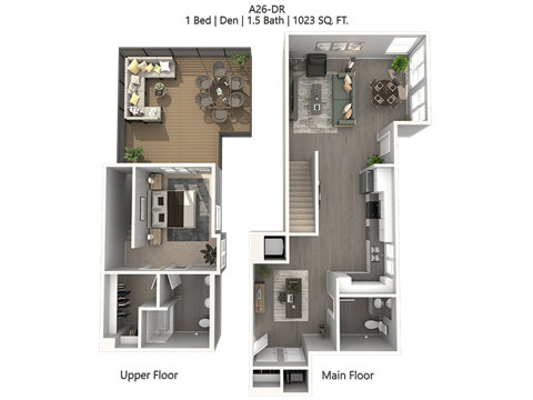 Floor plan for 1 bed, 1.5 baths, 1023 sqft