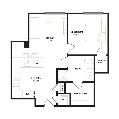 Floor plan for 1 bed, 1 bath, 665 sqft