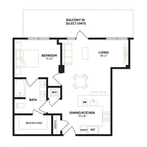 Floor plan for 1 bed, 1 bath, 772 sqft
