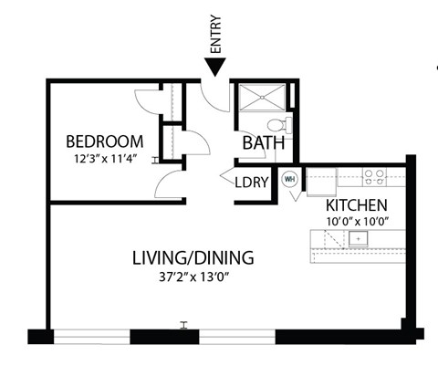 Floor plan for 1 bed, 1 bath, 855 sqft