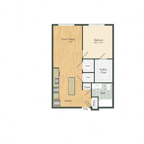 Floor plan for 1 bed, 1 bath, 635 sqft
