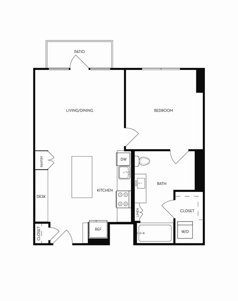 Floor plan for 1 bed, 1 bath, 756 sqft