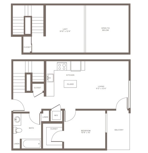 Floor plan for 1 bed, 1 bath, 807 sqft