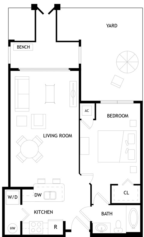 Floor plan for 1 bed, 1 bath, 739 sqft