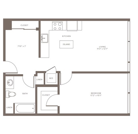 Floor plan for 1 bed, 1 bath, 749 sqft