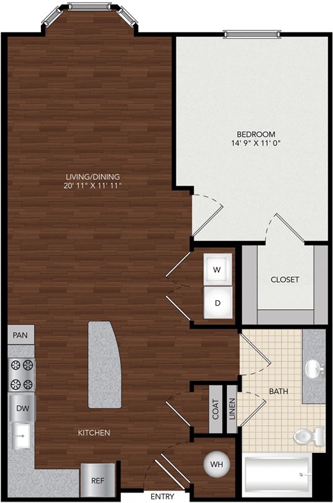 Floor plan for 1 bed, 1 bath, 817 sqft