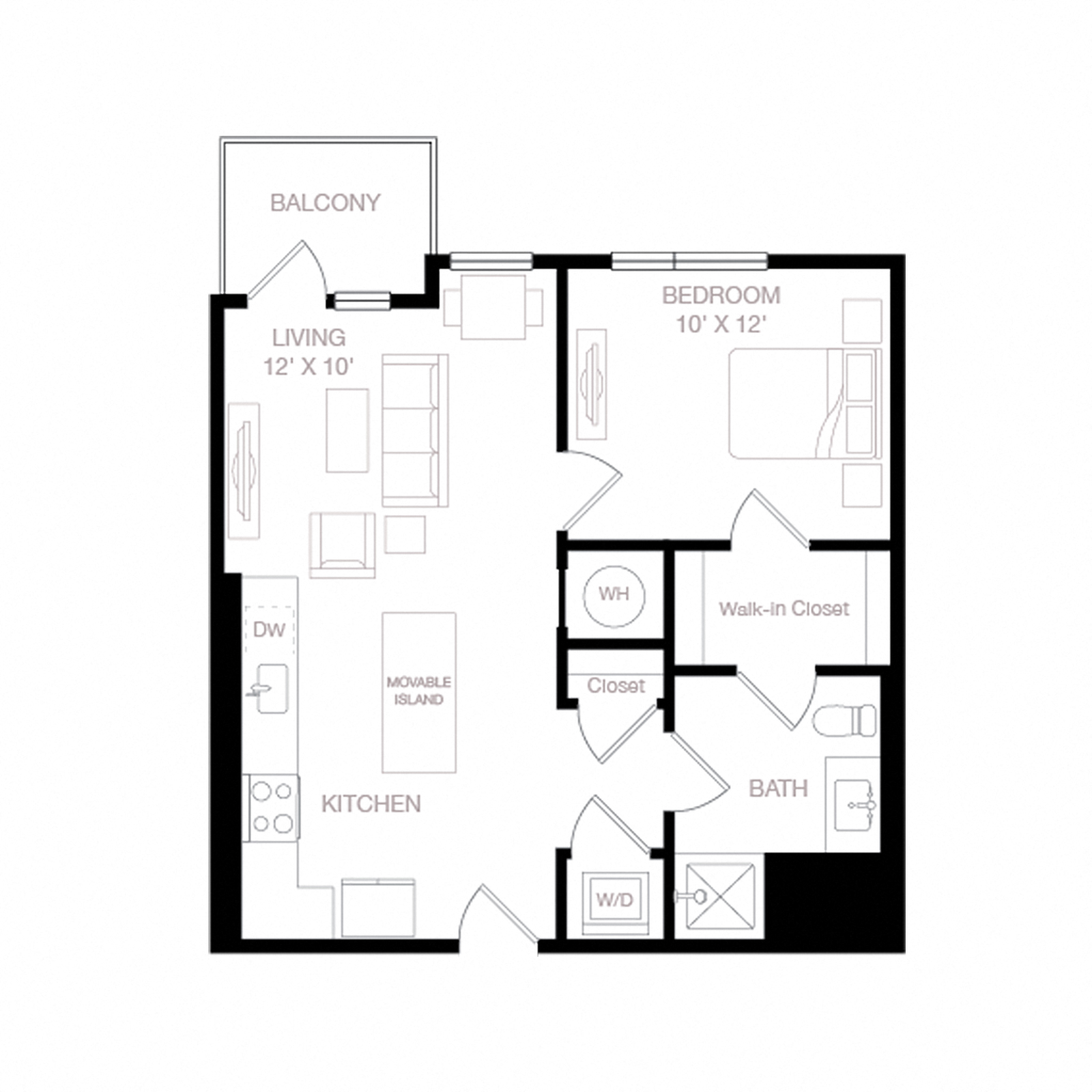 Floor plan for 1 bed, 1 bath, 659 sqft