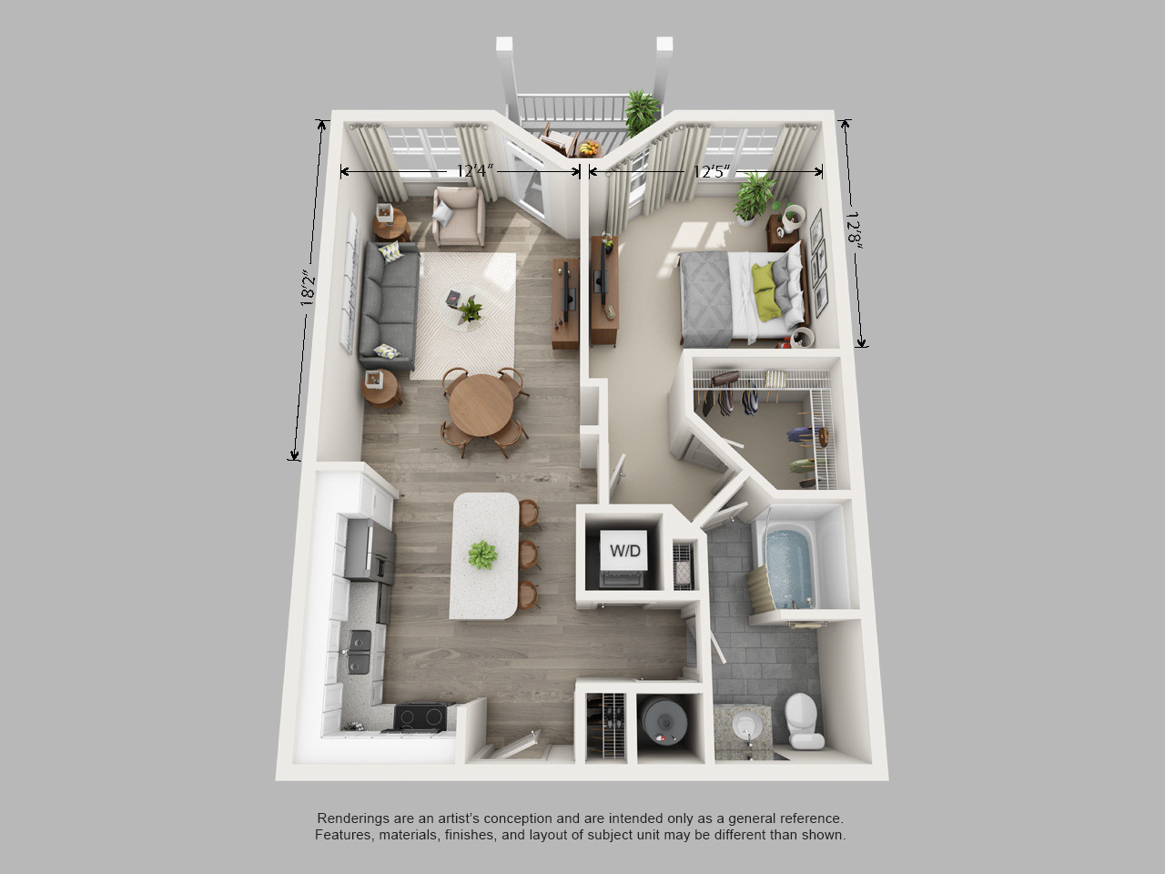 Floor plan for 1 bed, 1 bath, 802 sqft