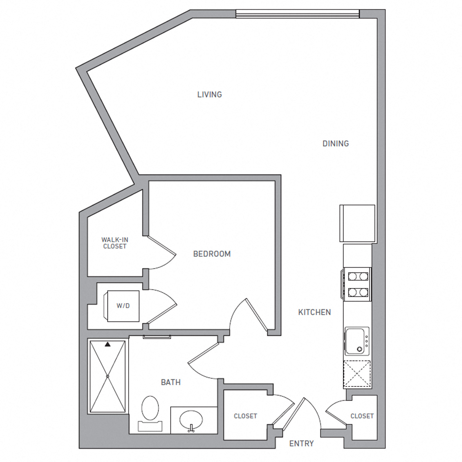 Floor plan for 1 bed, 1 bath, 615 sqft