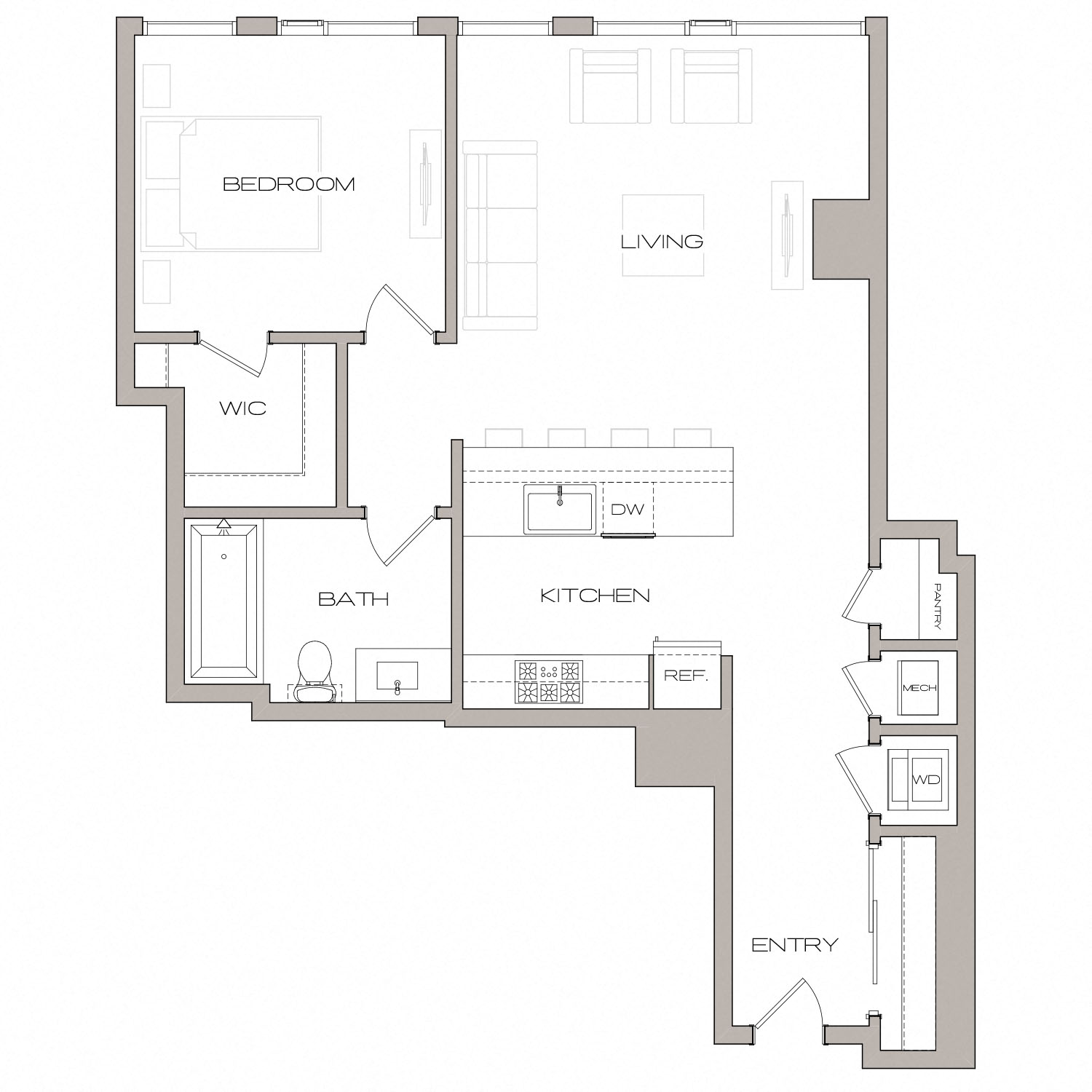 Floor plan for 1 bed, 1 bath, 799 sqft