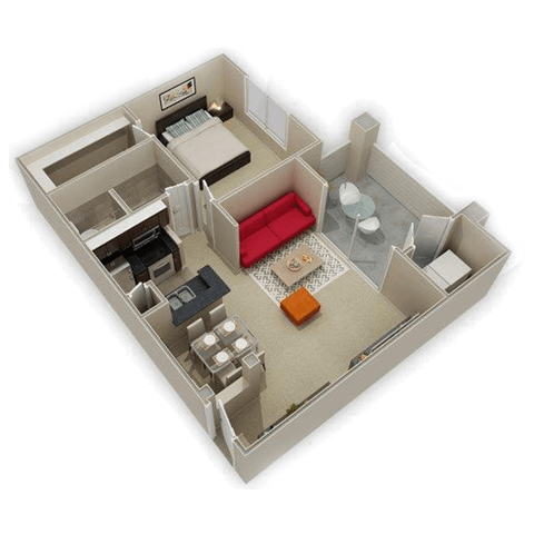 Floor plan for 1 bed, 1 bath, 724 sqft