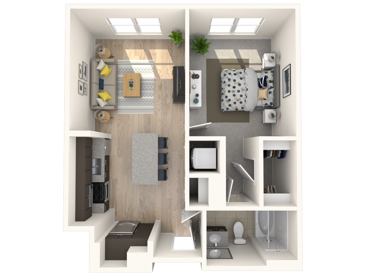 Floor plan for 1 bed, 1 bath, 640 sqft