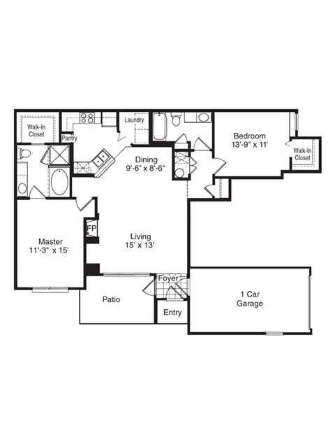 Floor plan for 2 beds, 2 baths, 1149 sqft