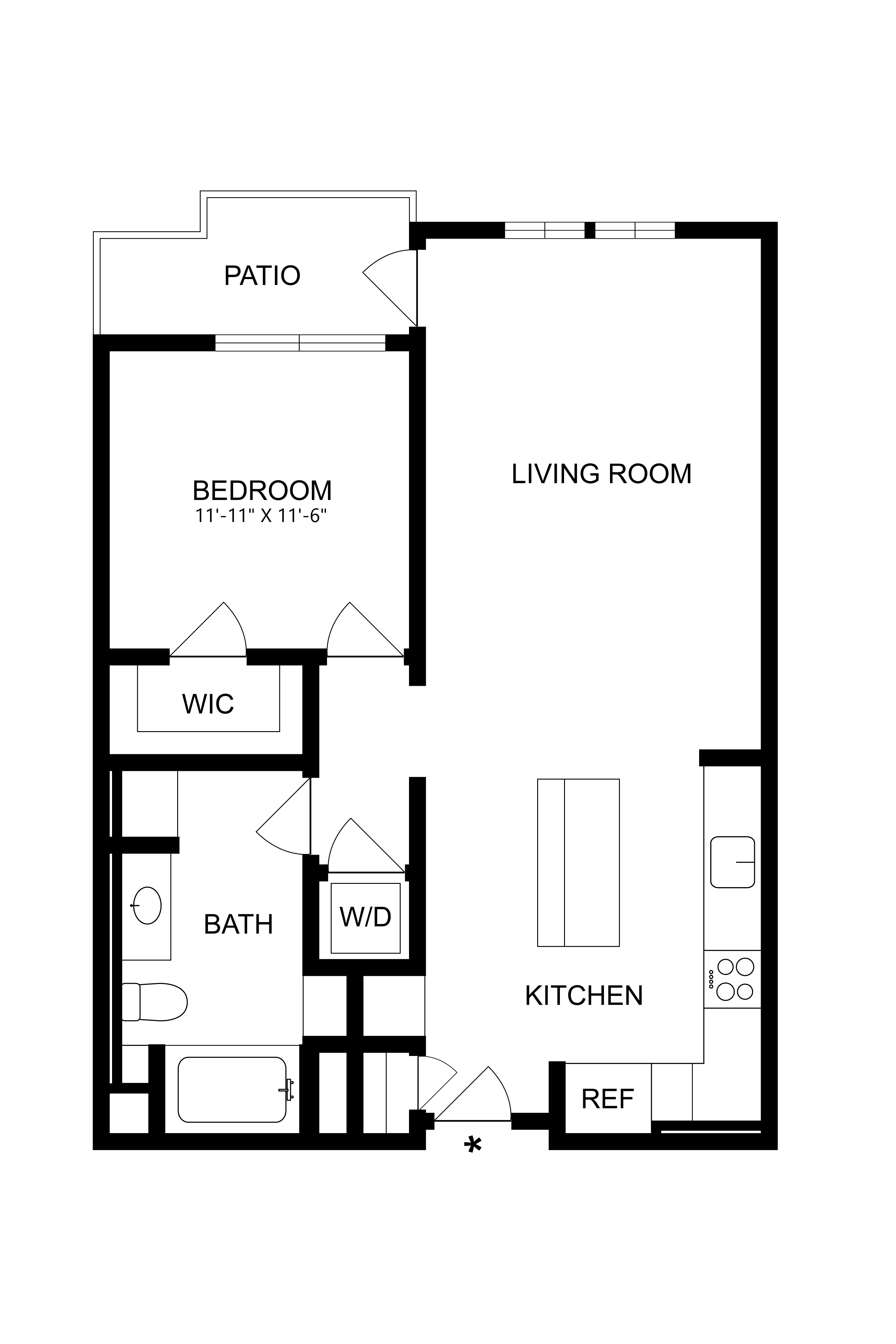 Floor plan for 1 bed, 1 bath, 800 sqft