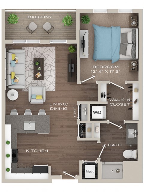 Floor plan for 1 bed, 1 bath, 644 sqft