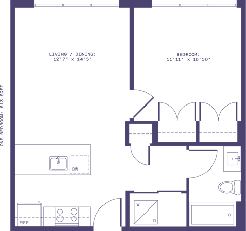 Floor plan for 1 bed, 1 bath, 613 sqft